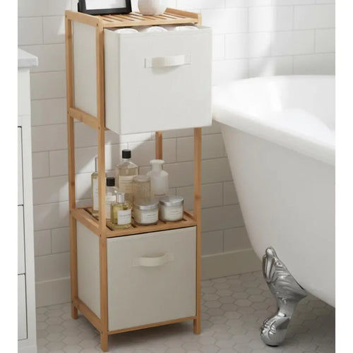 3-Tier Bamboo Storage Organizer with Fabric Drawers – Space-Saving Shelf Unit for Small Spaces, Bedroom & Bathroom