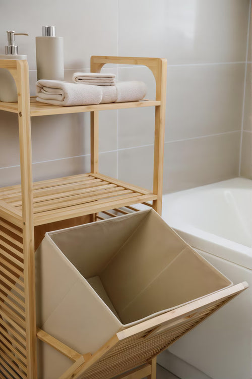 Bamboo Laundry Hamper with Shelf – 3-Tier Bathroom Organizer – Space-Saving Storage for Laundry & Essentials