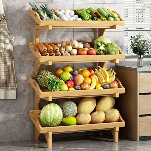 Bamboo 3-Tier Fruit & Vegetable Stand – Rustic Kitchen Storage Shelf – Floor Pantry Organizer for Fresh Produce